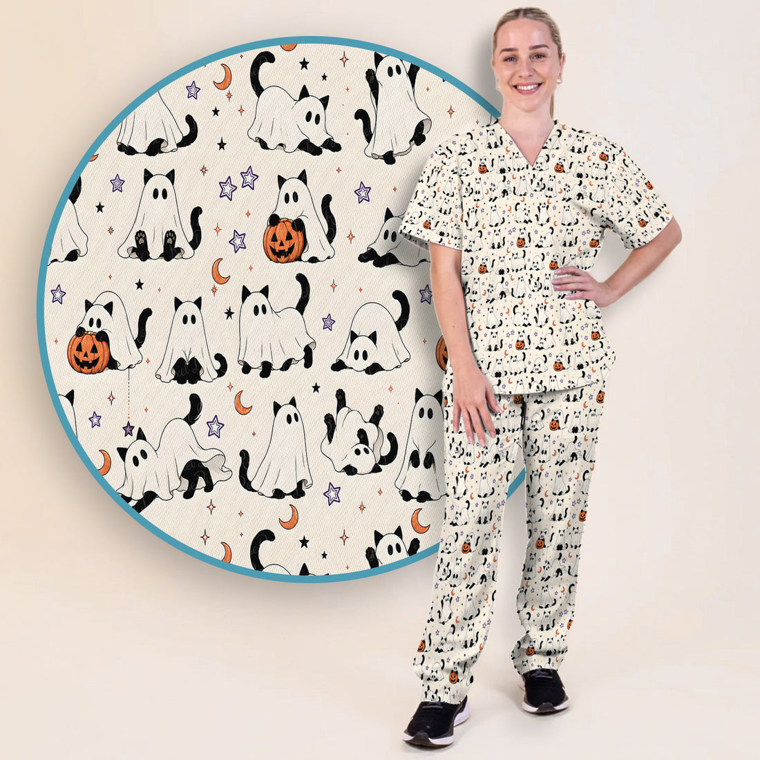 Halloween Ghost Cats And Pumpkins Scrub Set, Scrub Pants and V Neck Top