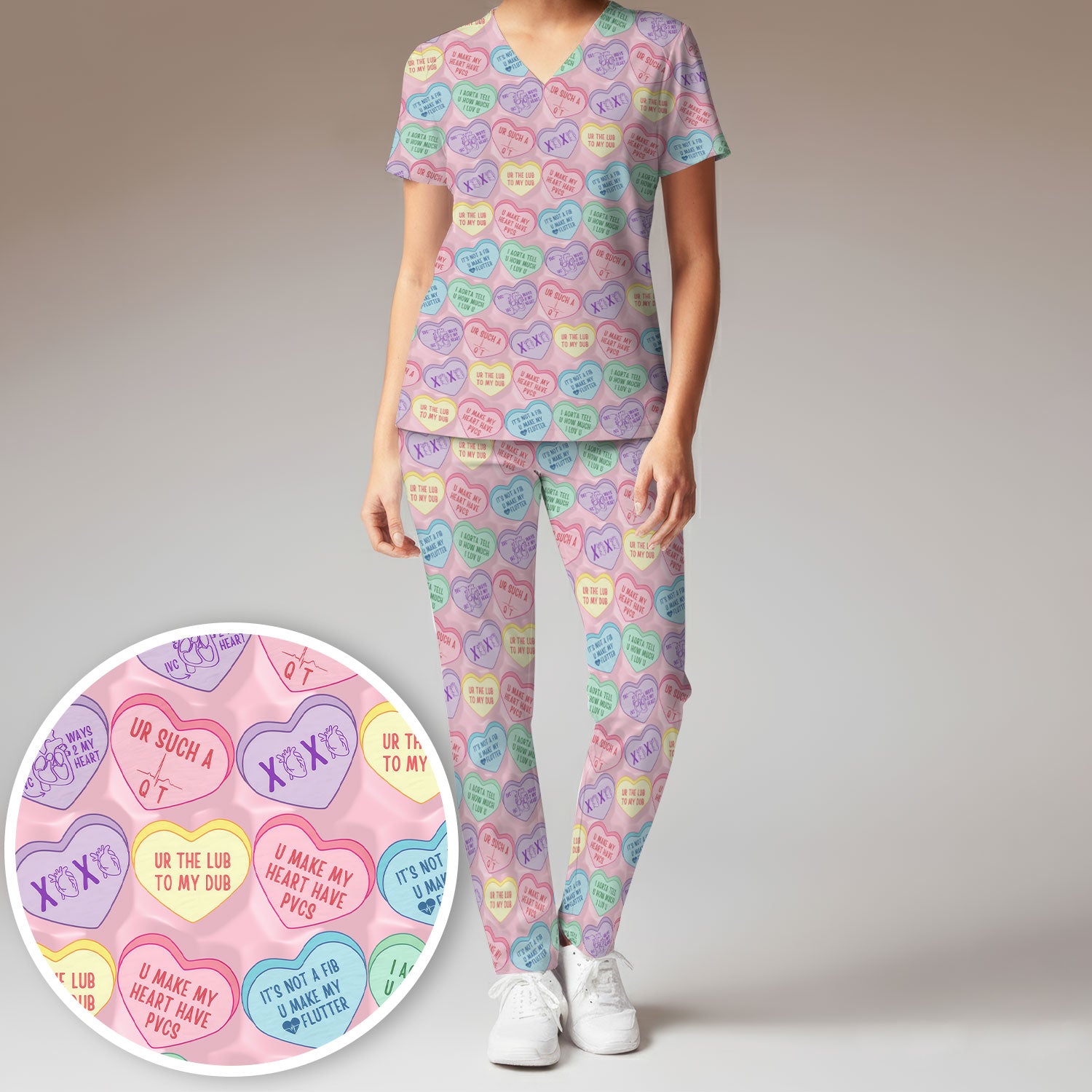 Medical Candy Heart Valentine Pattern Women’s Scrub Sets, Fun Medical Pattern, Breathable Med Uniform