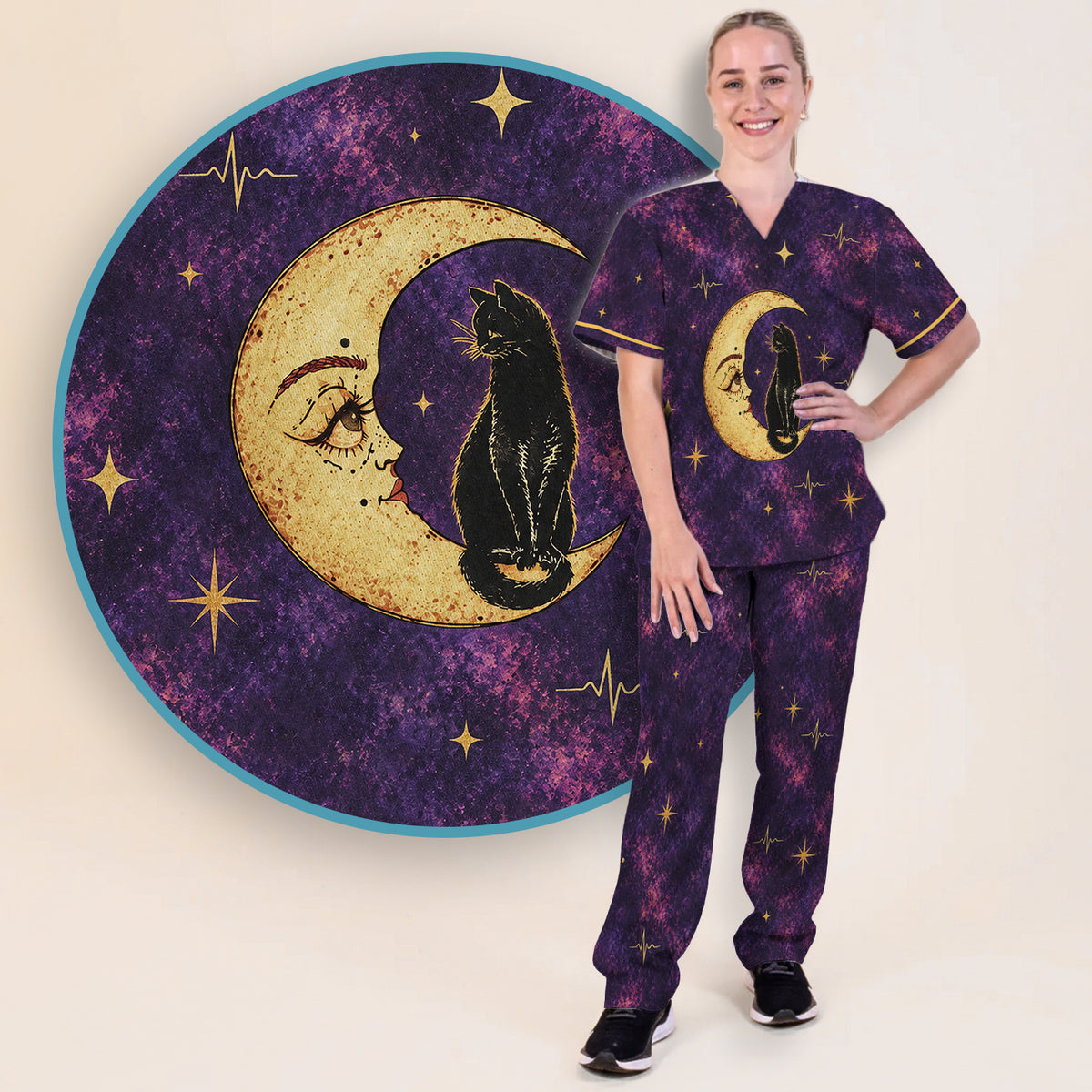 Celestial Nurse Black Cat Crescent Moon Scrub Set, Scrub Pants and V Neck Top
