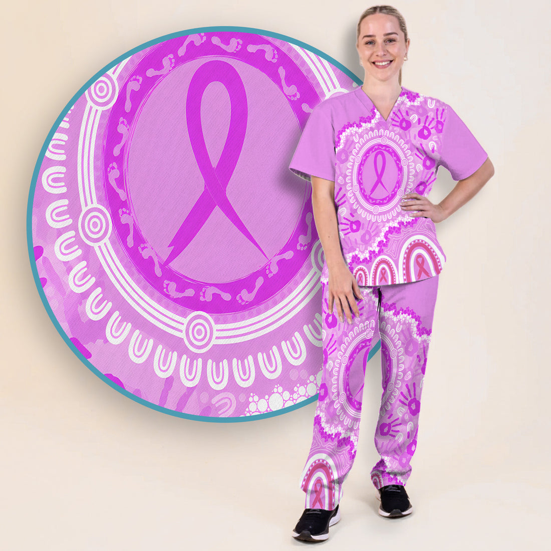 Meaningful Pink Ribbon Scrub Set, Scrub Pants and V Neck Top