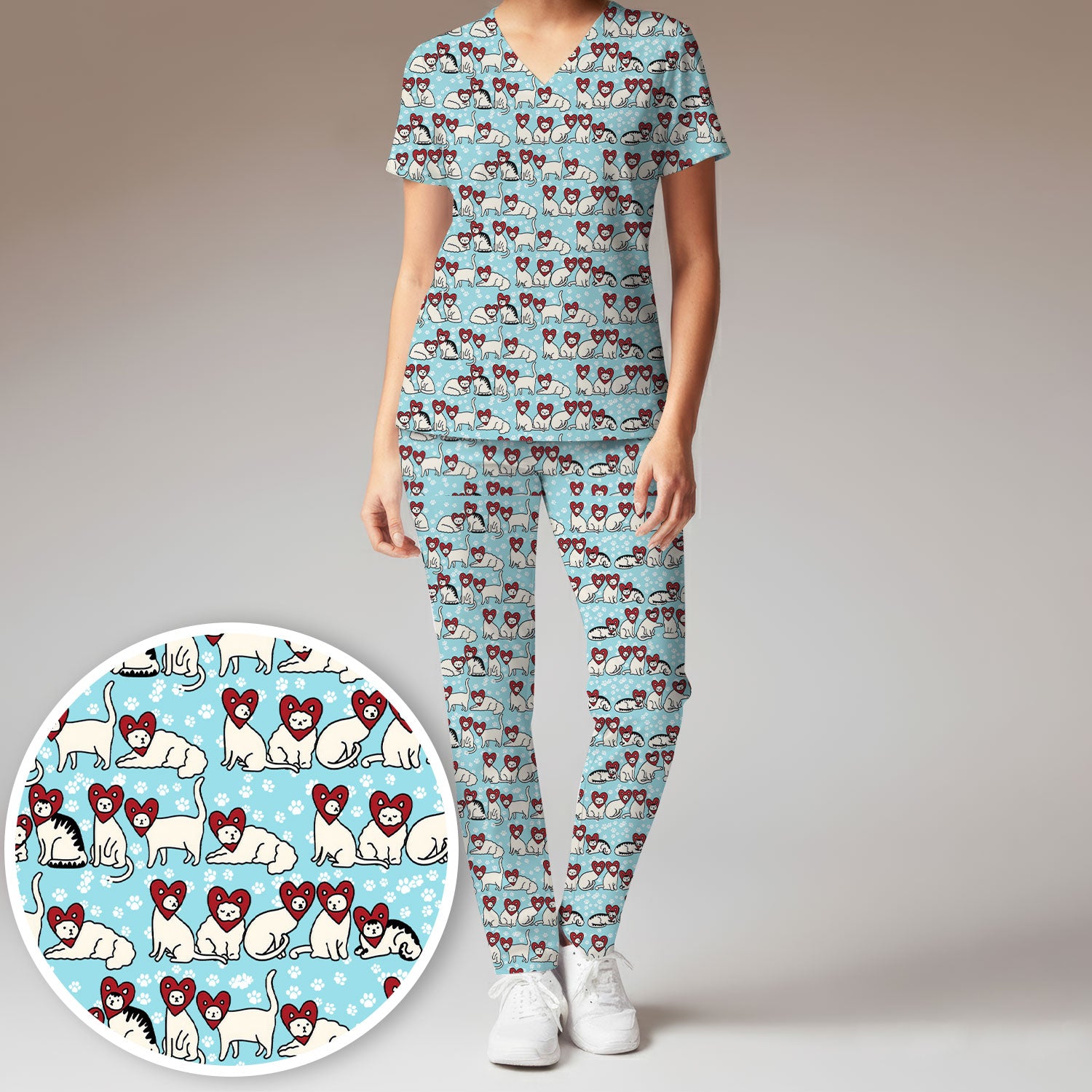 Cute Cat Heart Pattern Scrub Set, Funny Cat Scrub Shirt For Nurses, Breathable Fabrics Nursing Uniform
