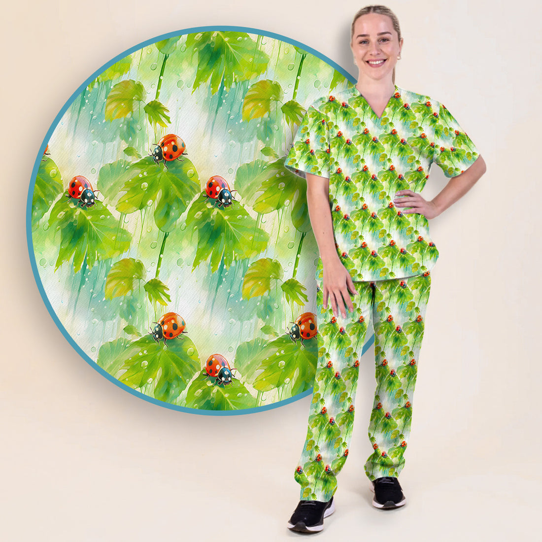 Ladybugs On Rainy Leaves Pattern Scrub Set, Scrub Pants and V Neck Top