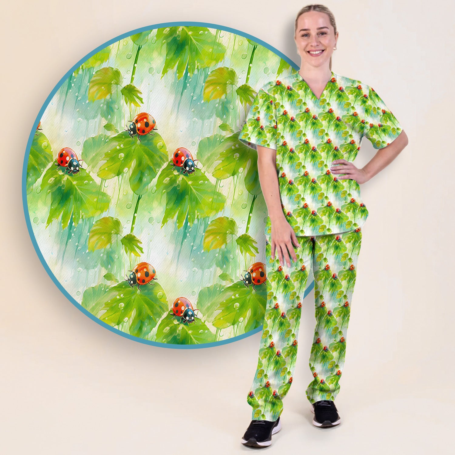 Ladybugs On Rainy Leaves Pattern Scrub Set, Scrub Pants and V Neck Top