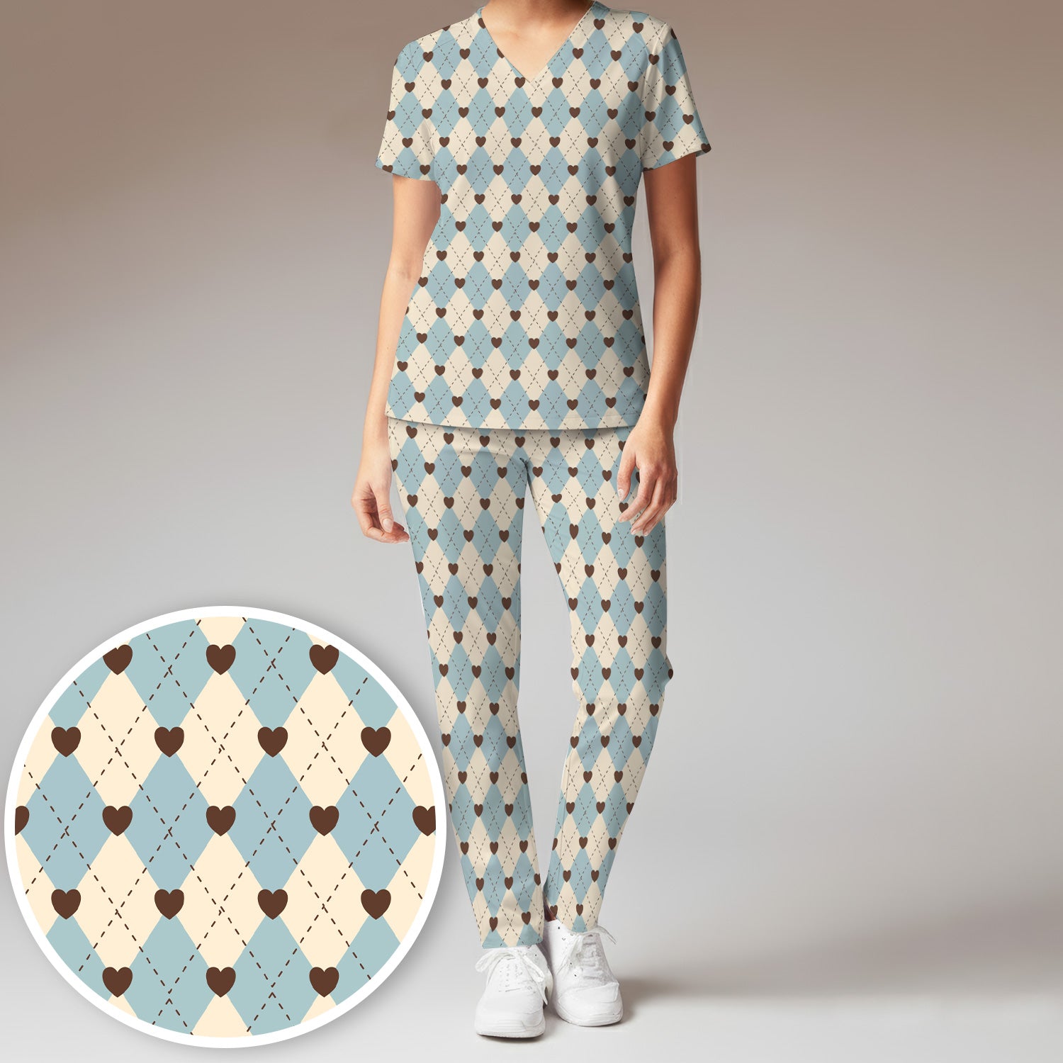 Plaid Heart Pattern Scrubs Sets, Scrub Pants and V Neck Top