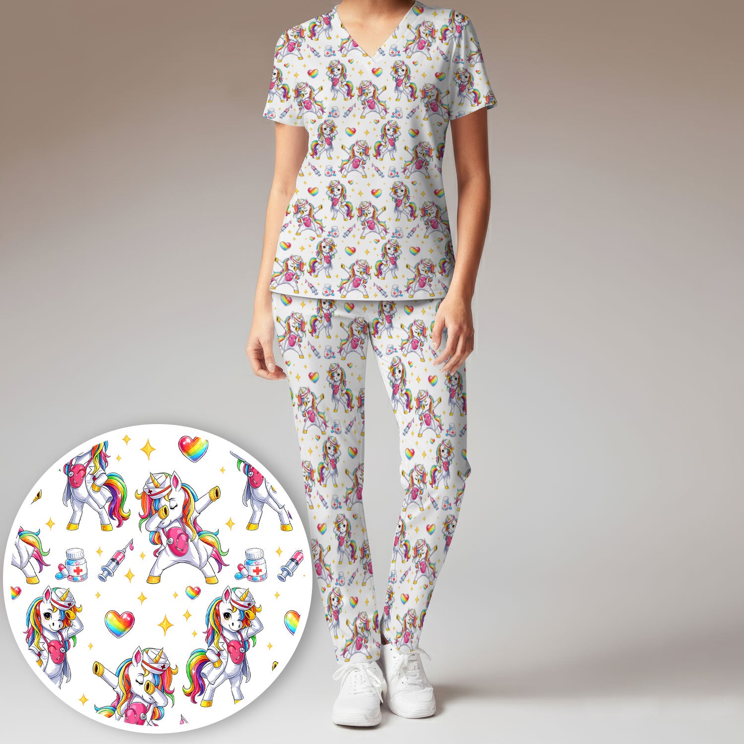 Playful Nurse Unicorn Rainbow Pattern Scrub Set, Breathable Med Uniform