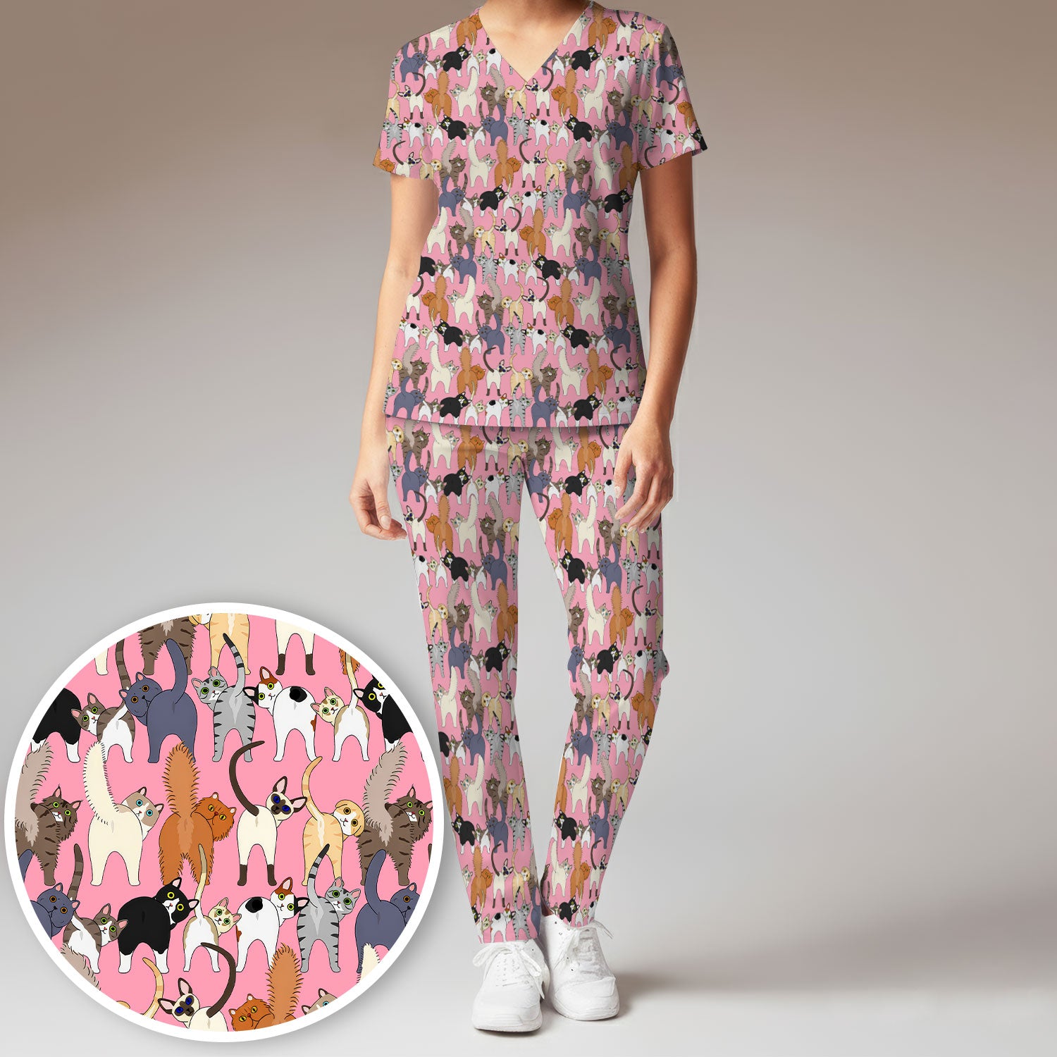 Whimsical Multicolor Cat Cartoon Pattern Scrub Set, Breathable Med Uniform
