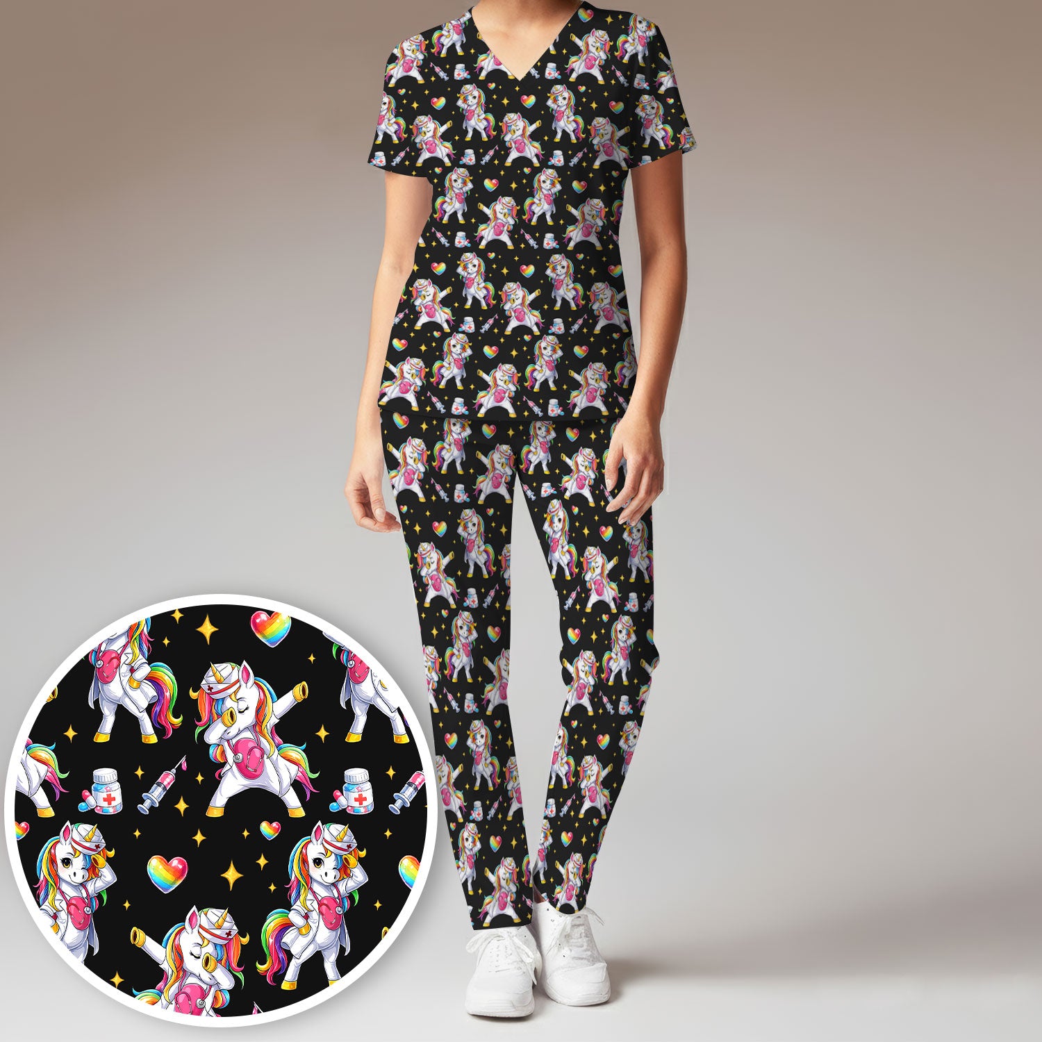 Playful Nurse Unicorn Rainbow Pattern Scrub Set, Breathable Med Uniform