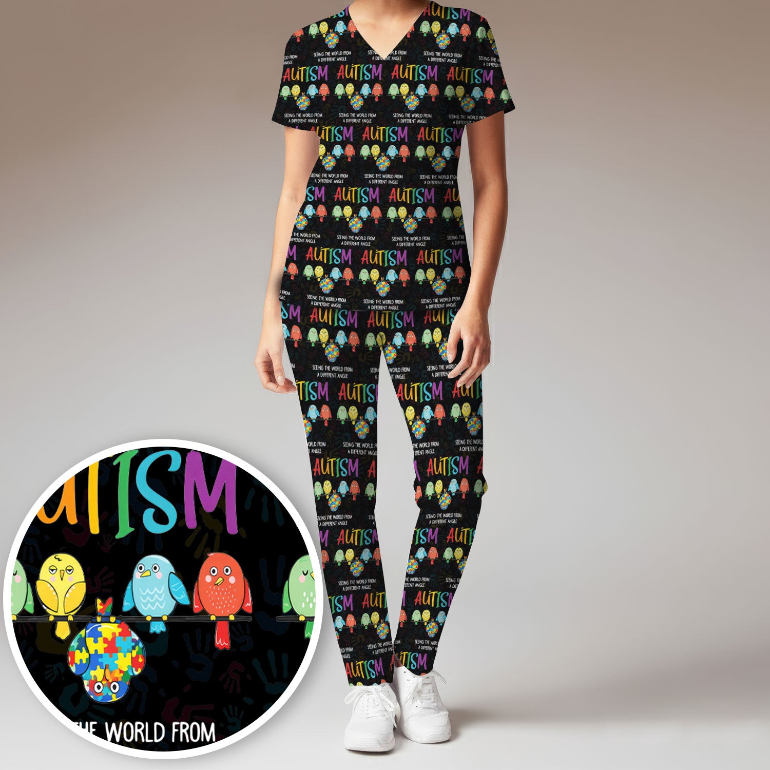 Autism Seeing The World From A Different Angle Birds Scrub Set, Breathable Med Uniform