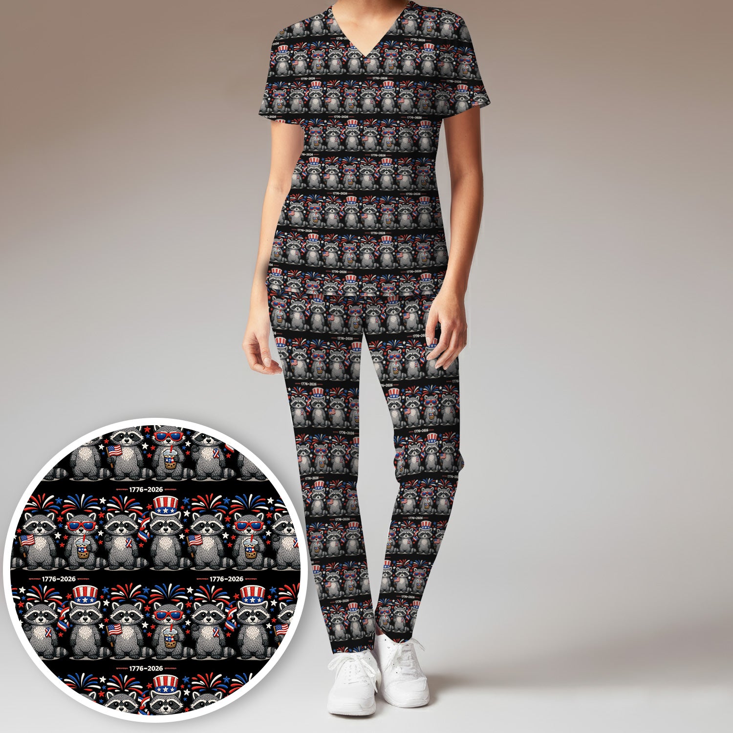 Patriotic Raccoon Fireworks Stripe Pattern Scrub Set, Scrub Pants and V Neck Top