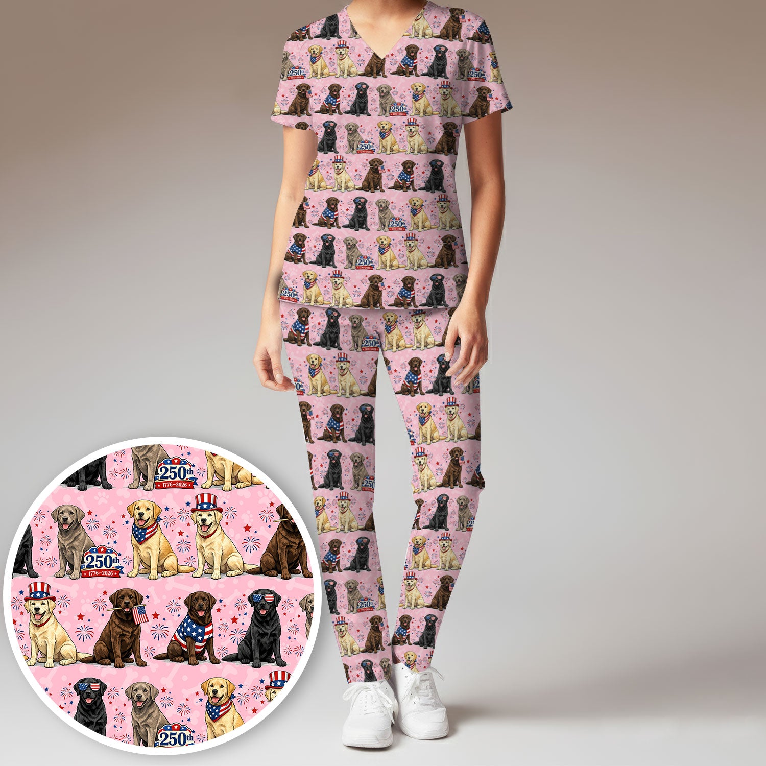 4th of July Labrador Dog Patriotic Print Scrub Set, Scrub Pants and V Neck Top