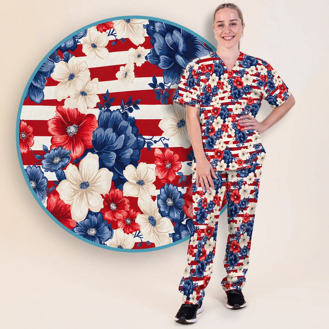 Patriotic Floral Nurse for RN & CNA, American Flag Healthcare Workers Medical Uniform Scrub Set, Scrub Pants and V Neck Top