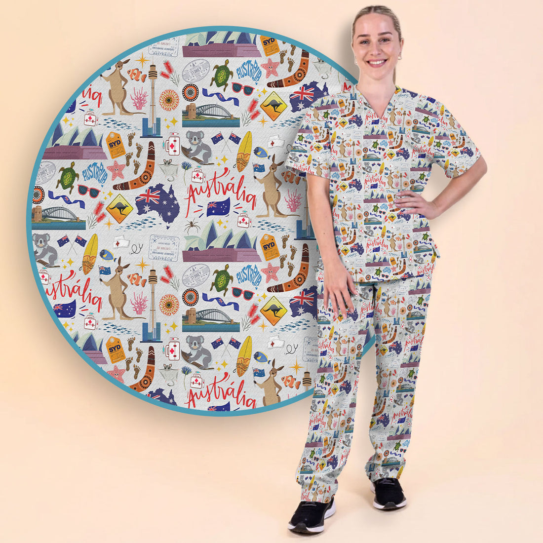 Australia Scrub Sets for Women - Aussie Comfortable Scrub Pants and V Neck Top - Kangaroo Koala Opera House - Travel Medical Uniform Gift