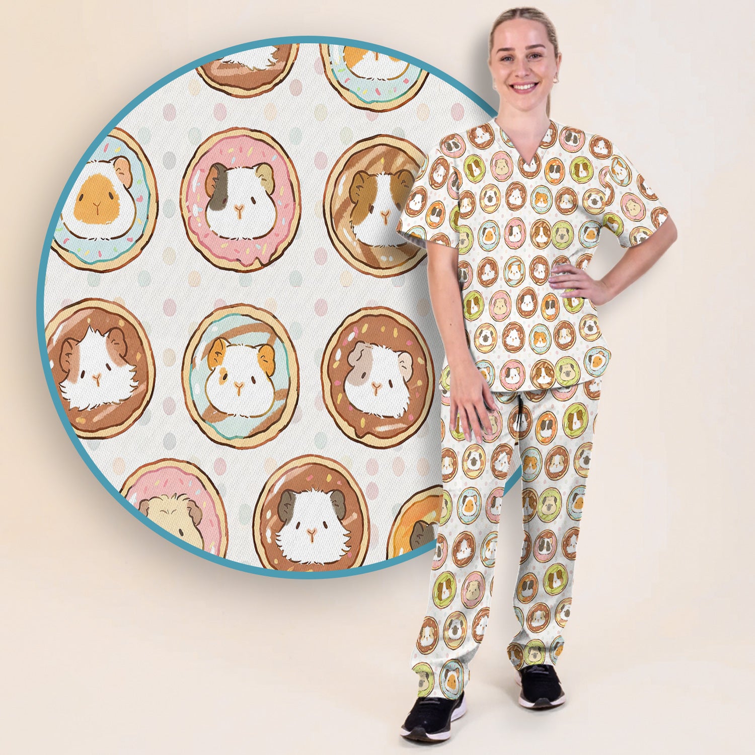 Cute Guinea Pig Donut Circle Pattern Scrub Set, Scrub Pants and V Neck Top