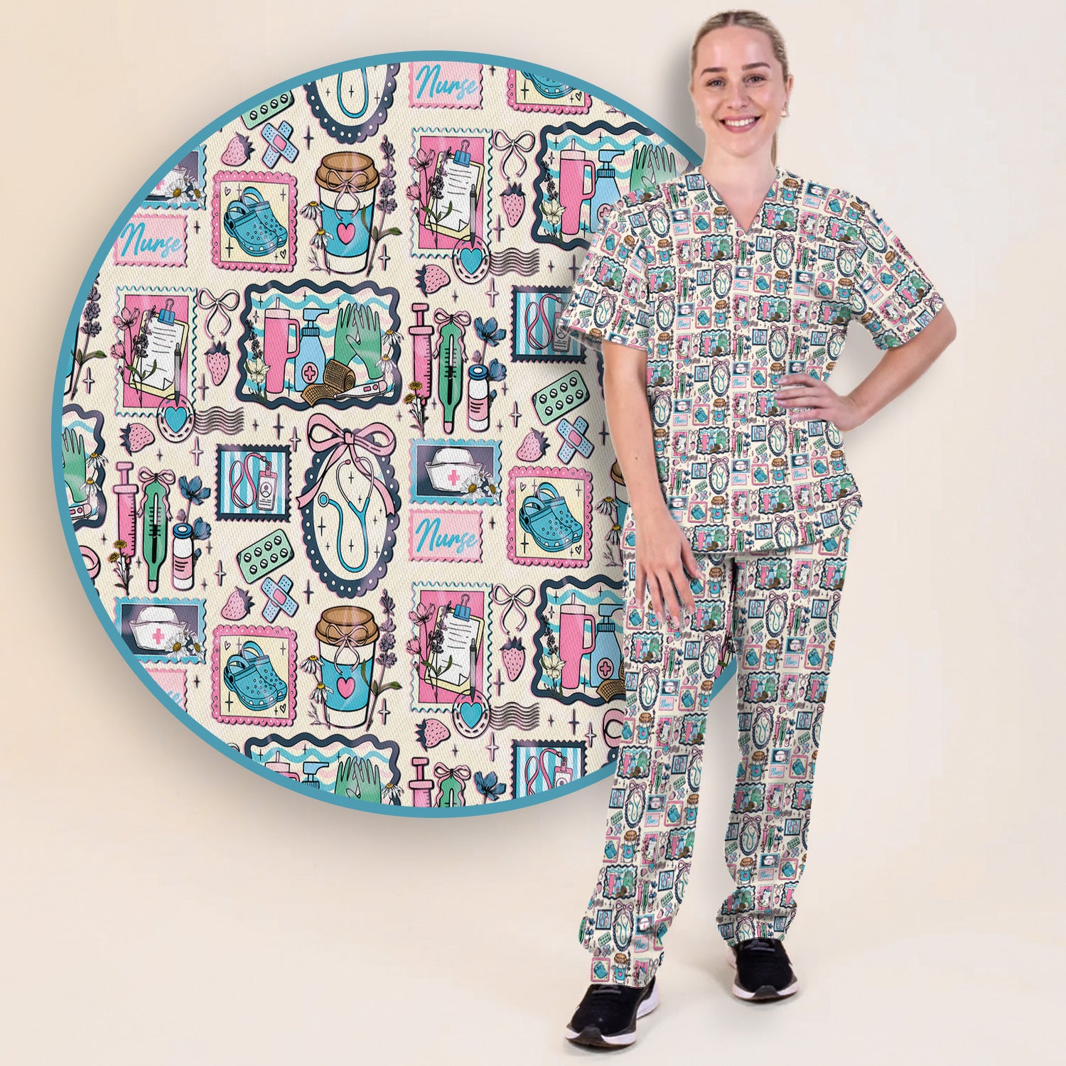 Medical Tools Stethoscope Syringe Frame Scrub Top, Breathable Fabrics Nursing Uniform