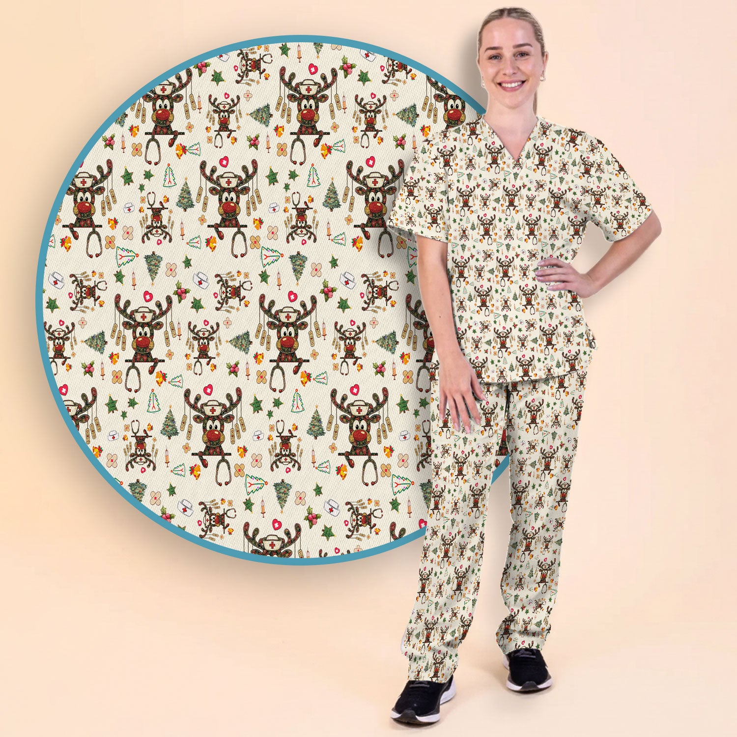 Reindeer Christmas Nurse Scrub Set - Funny Holiday Scrubs Pants and V Neck Top - Cute Medical Uniform for Women