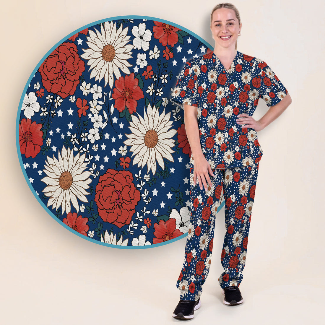 Red White Blue Floral Pattern Scrub Set, Scrub Pants and V Neck Top