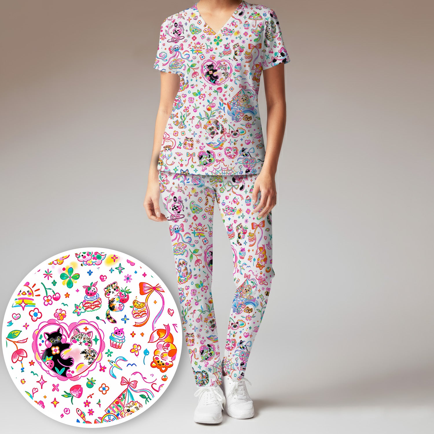 Colorful Kawaii Cat Heart Doodle Pattern Scrub Set, Scrub Pants and V Neck Top