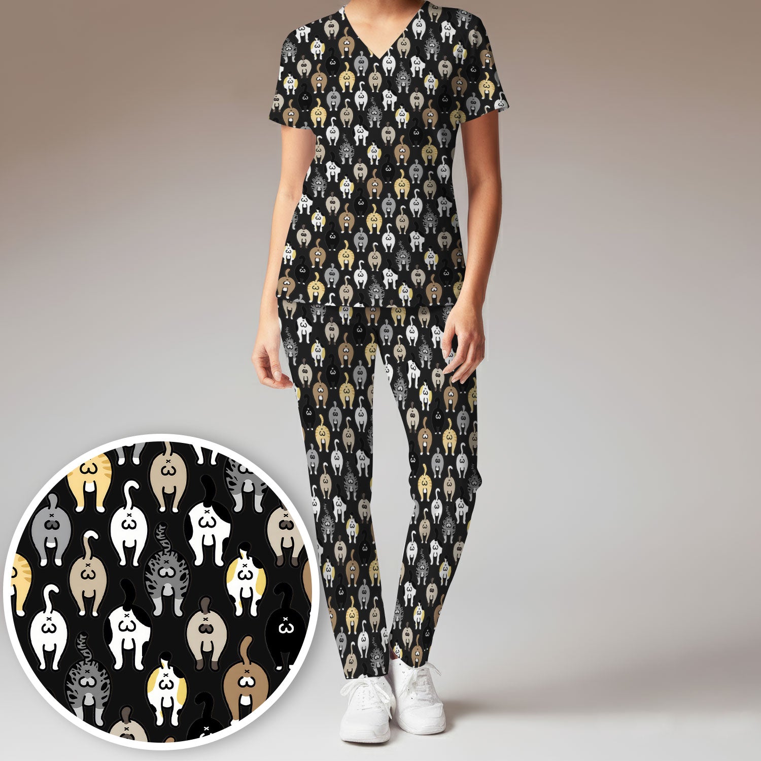 Cat Lover Nurse Scrub Set, Funny Cat Butt Pattern Medical Shirt, Breathable Fabrics Nursing Uniform