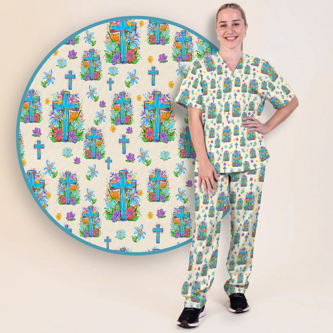 Christian Floral Cross Spring Pattern Scrub Set, Nurse Uniform Scrubs Set