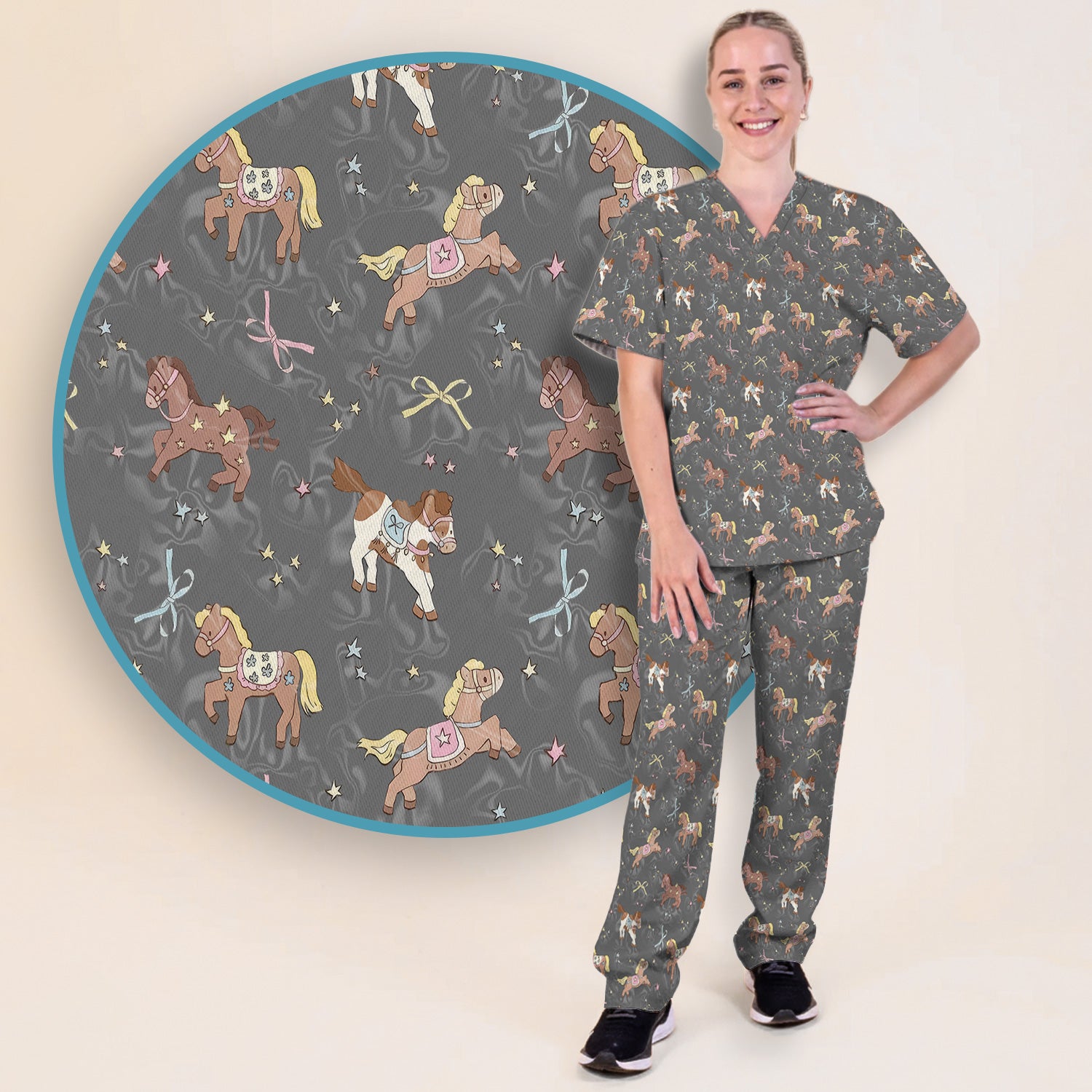Cute Pony Star Pattern Scrub Set, Breathable Med Uniform