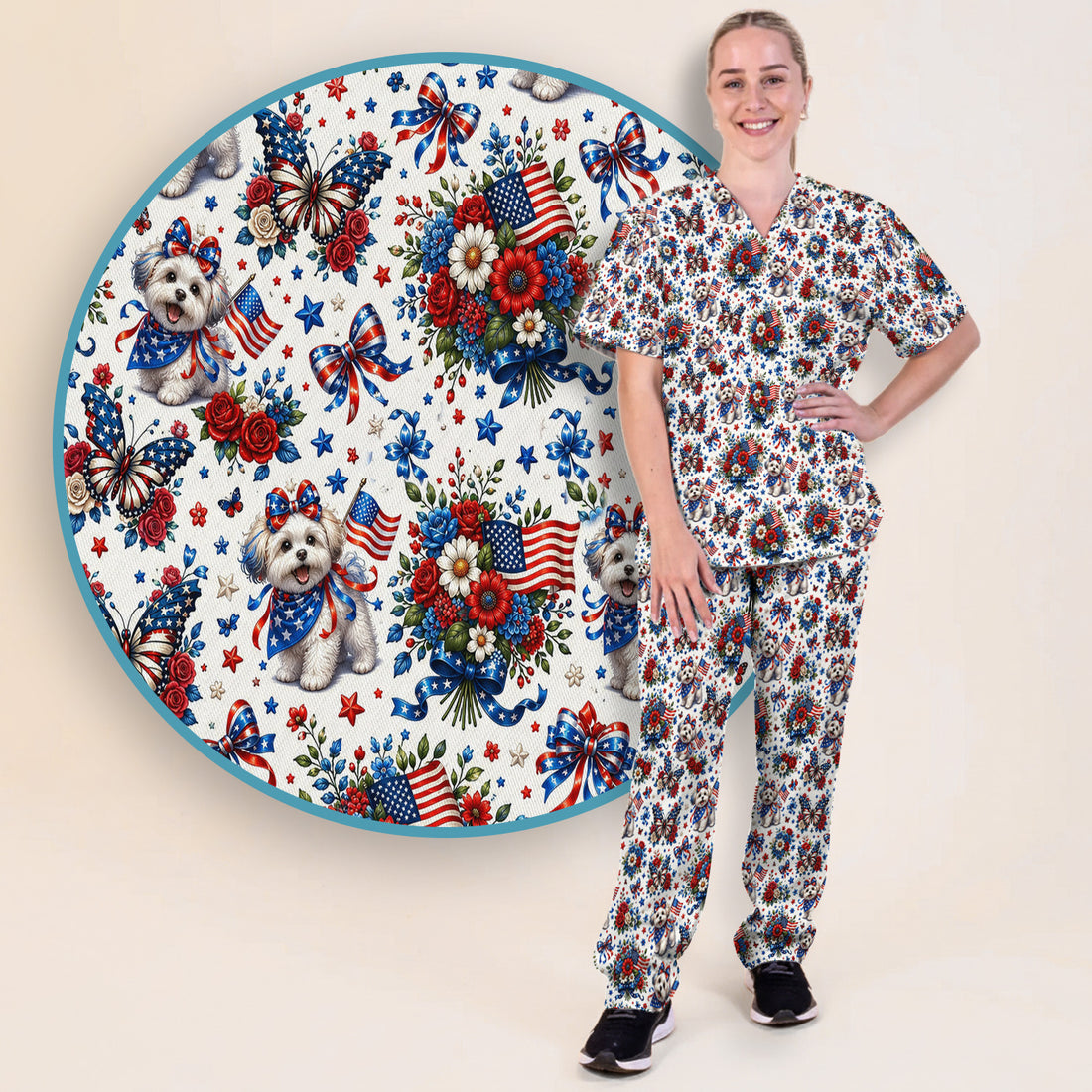 Patriotic Puppy Floral Bouquet Pattern Scrub Set, Scrub Pants and V Neck Top