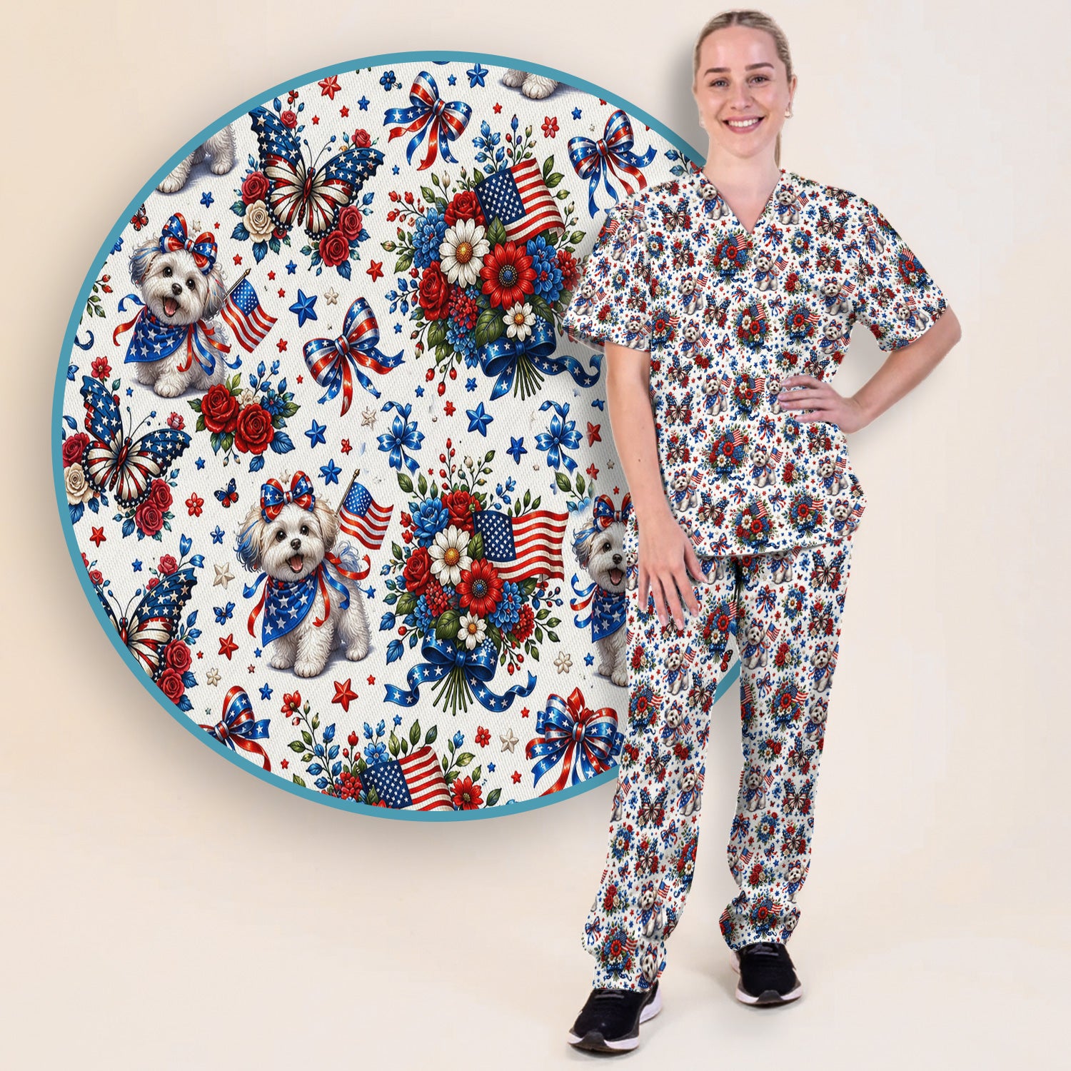 Patriotic Puppy Floral Bouquet Pattern Scrub Set, Scrub Pants and V Neck Top