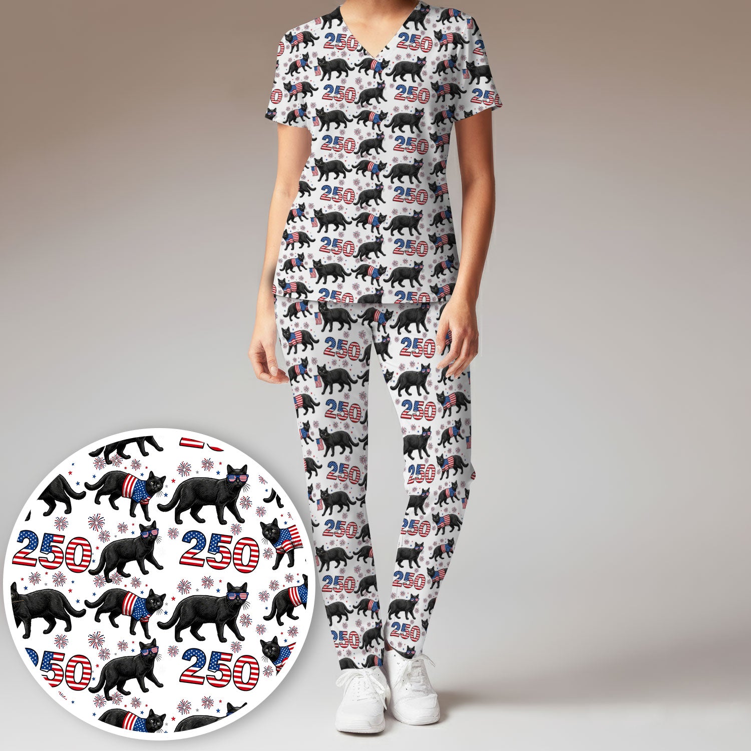 Black Cat 250 USA Flag Fireworks Pattern Scrub Sets, Scrub Pants and V Neck Top