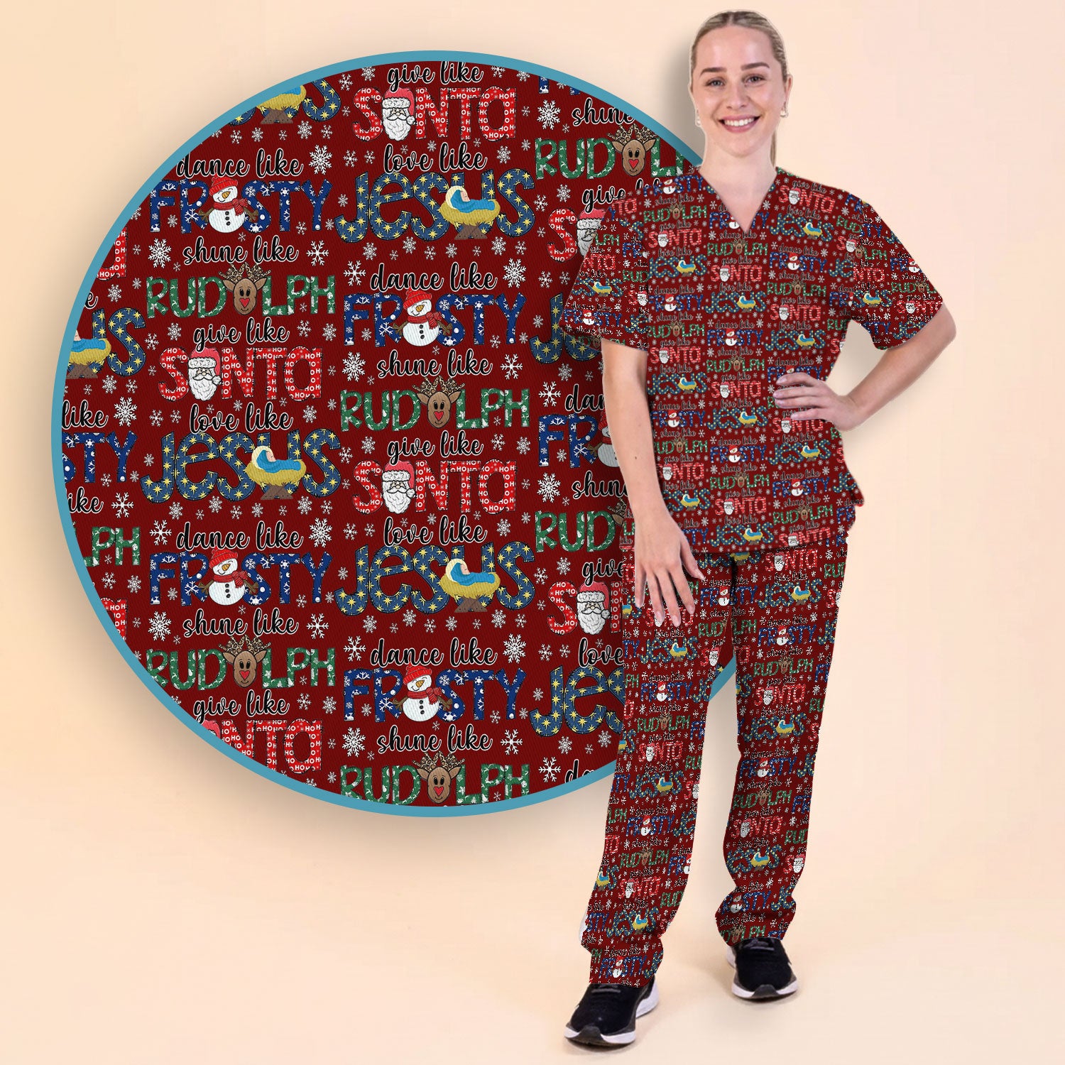 Xmas Rudolph Comfortable Scrub Set for Nurses - God Santa Scrub Pants and V Neck Top - Breathable Med Uniform