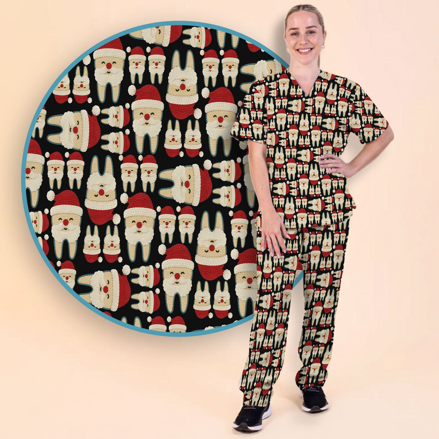 Christmas Tooth Scrub Set - Cute Santa Tooth Pattern for Dentists & Hygienists - Crochet Style Holiday Medical Uniform for Women