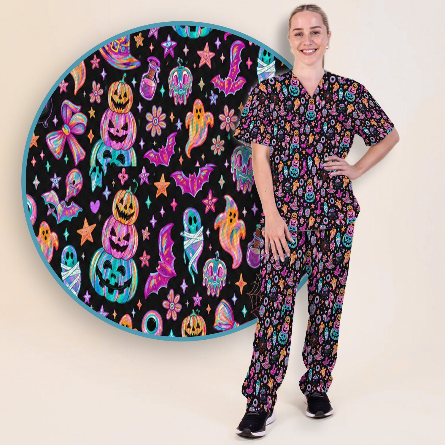 Halloween Ghost with Pumpkin Bat Print Scrub Set, Scrub Pants and V Neck Top