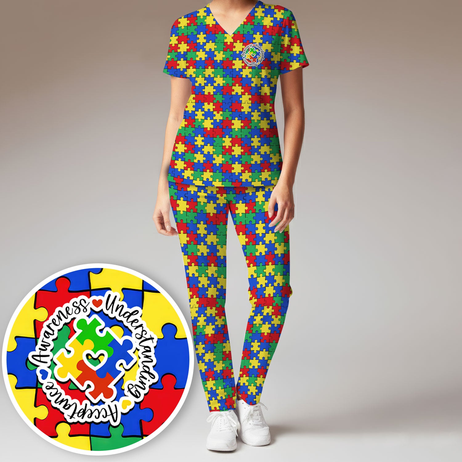 Autism Awareness Puzzle Pattern Scrub Set, Breathable Med Uniform