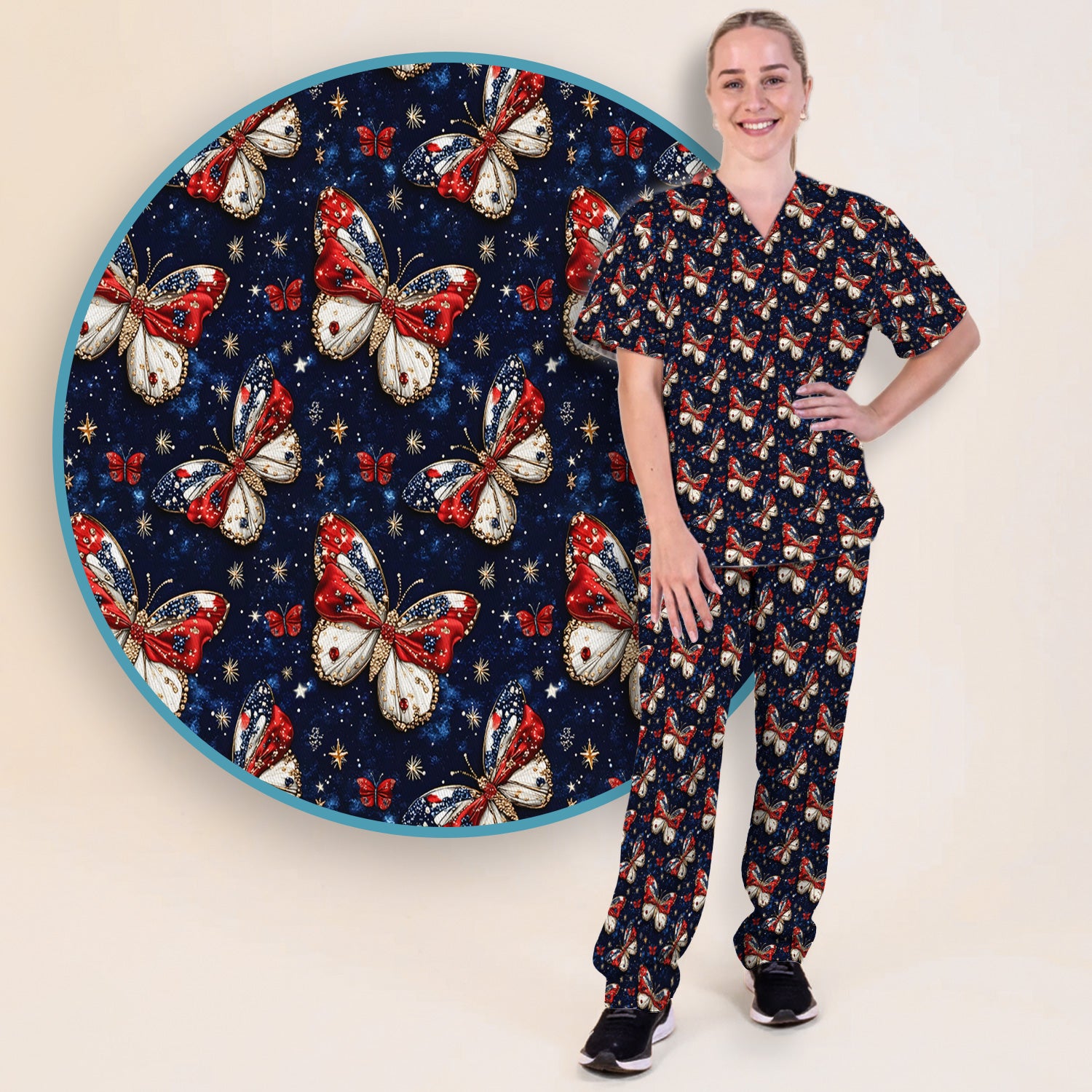 Patriotic Butterfly Nurse for RN & CNA, Americana Stars Healthcare Workers Uniform Scrub Set, Scrub Pants and V Neck Top