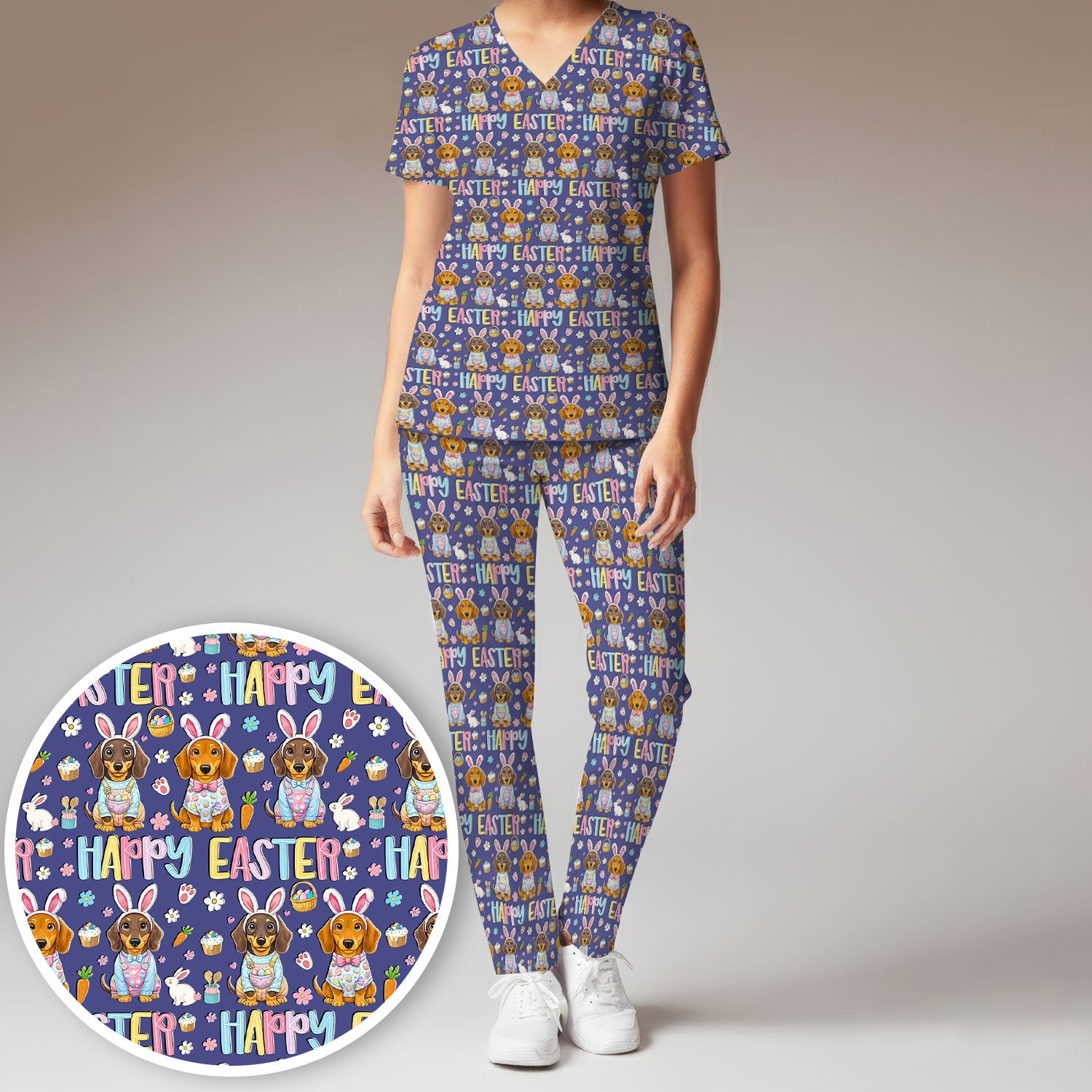 Happy Easter Dachshund Puppy Pattern Scrub Set, Breathable Med Uniform
