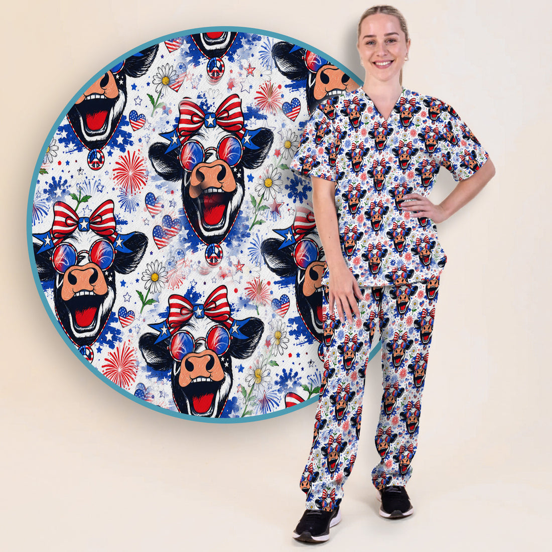 Funny Patriotic Cow Nurse Print Scrub Set, Scrub Pants and V Neck Top