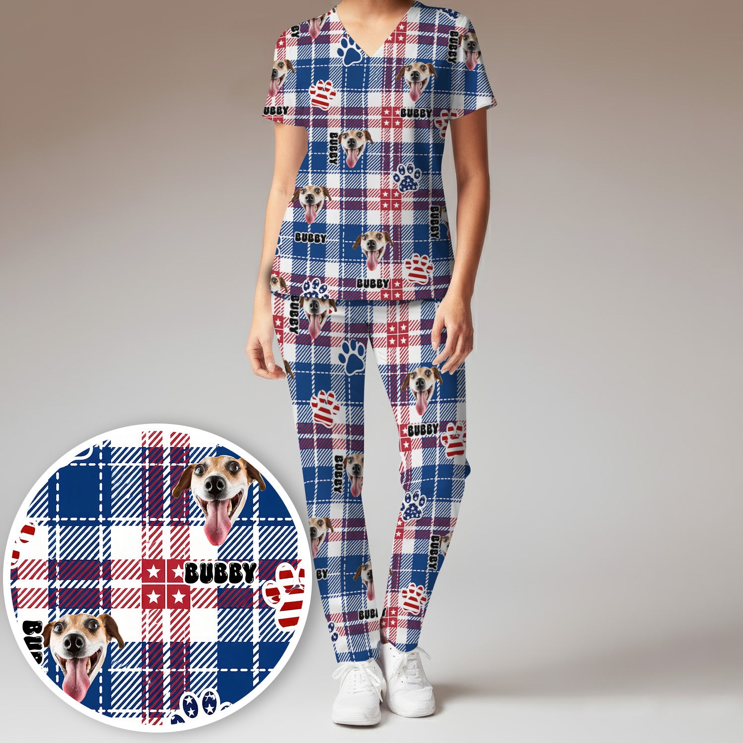 Custom Dog Face Scrub Set, Patriotic Dog Plaid Pattern Shirt, Scrub Pants and V Neck Top