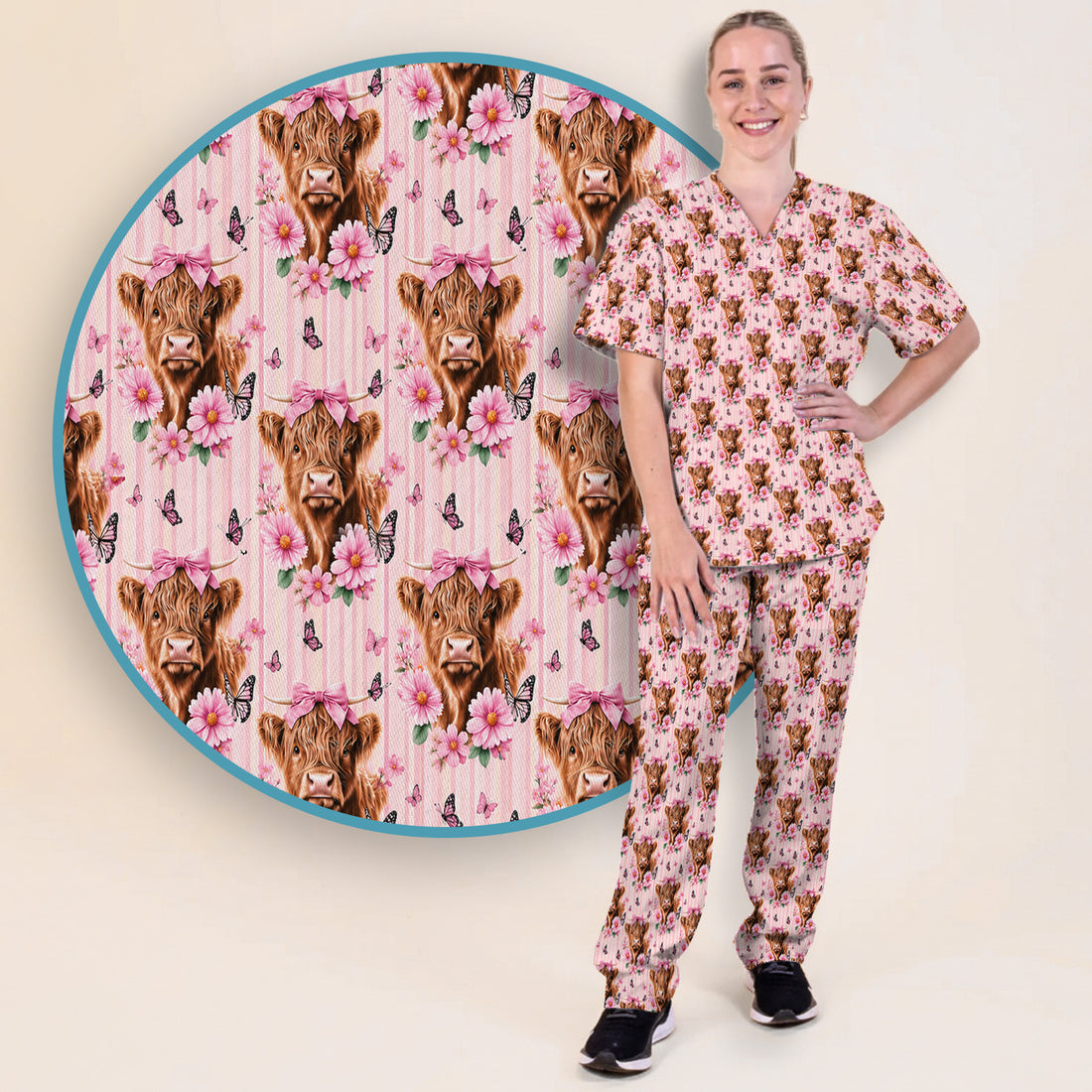 Pink Highland Cow Floral Scrub Set, Scrub Pants and V Neck Top