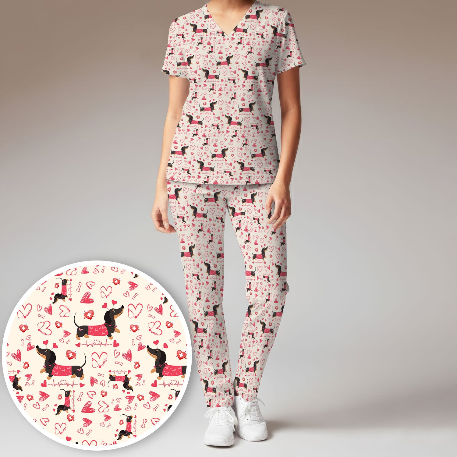 Dachshund Valentine Scrub Set, Cute Wiener Dog Heart Pattern Nurse Shirt, Breathable Fabrics Nursing Uniform