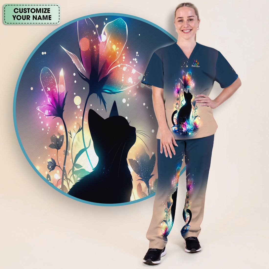 Custom Name Cat Floral Glow Pattern Scrub Set, Women's Scrub Sets