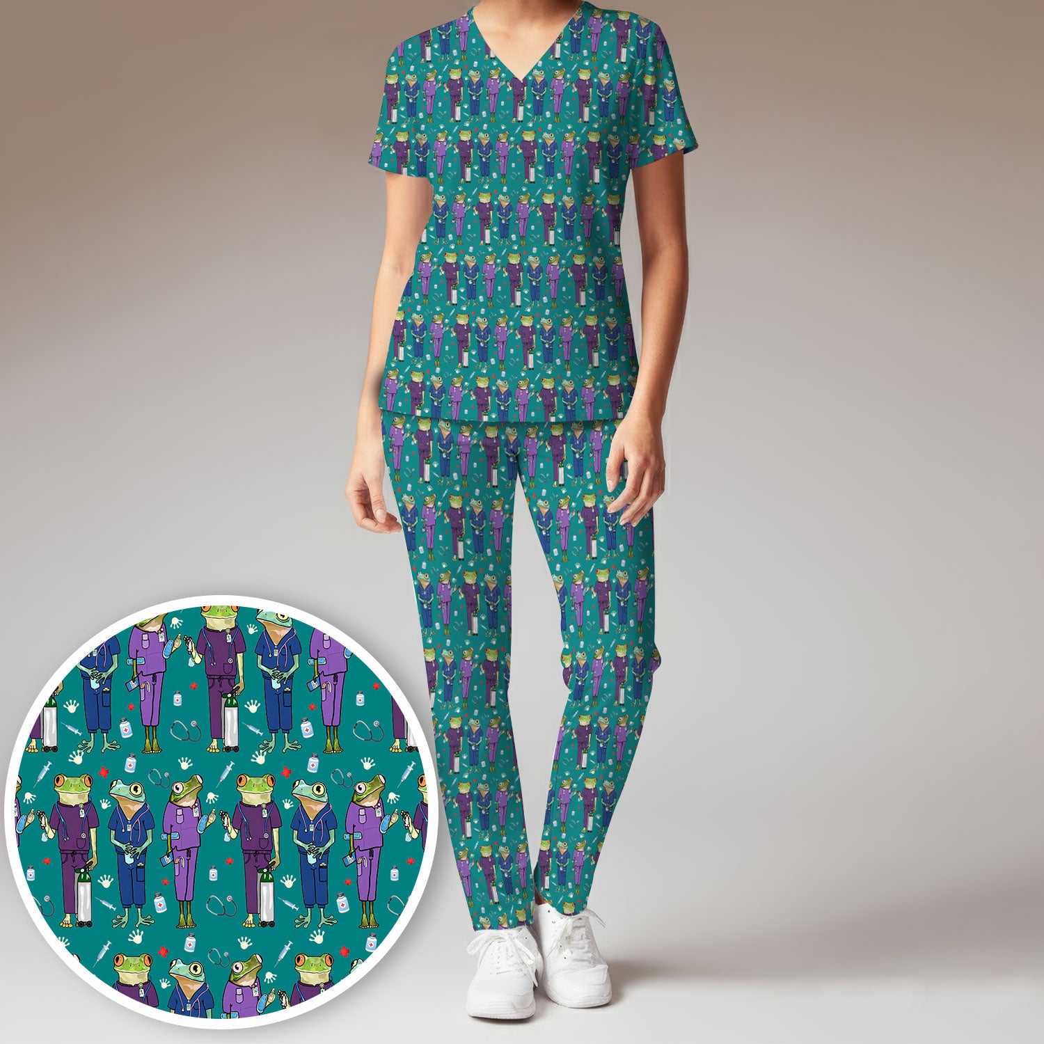 Funny Frog Nurse Pattern Scrub Set, Scrub Pants and V Neck Top