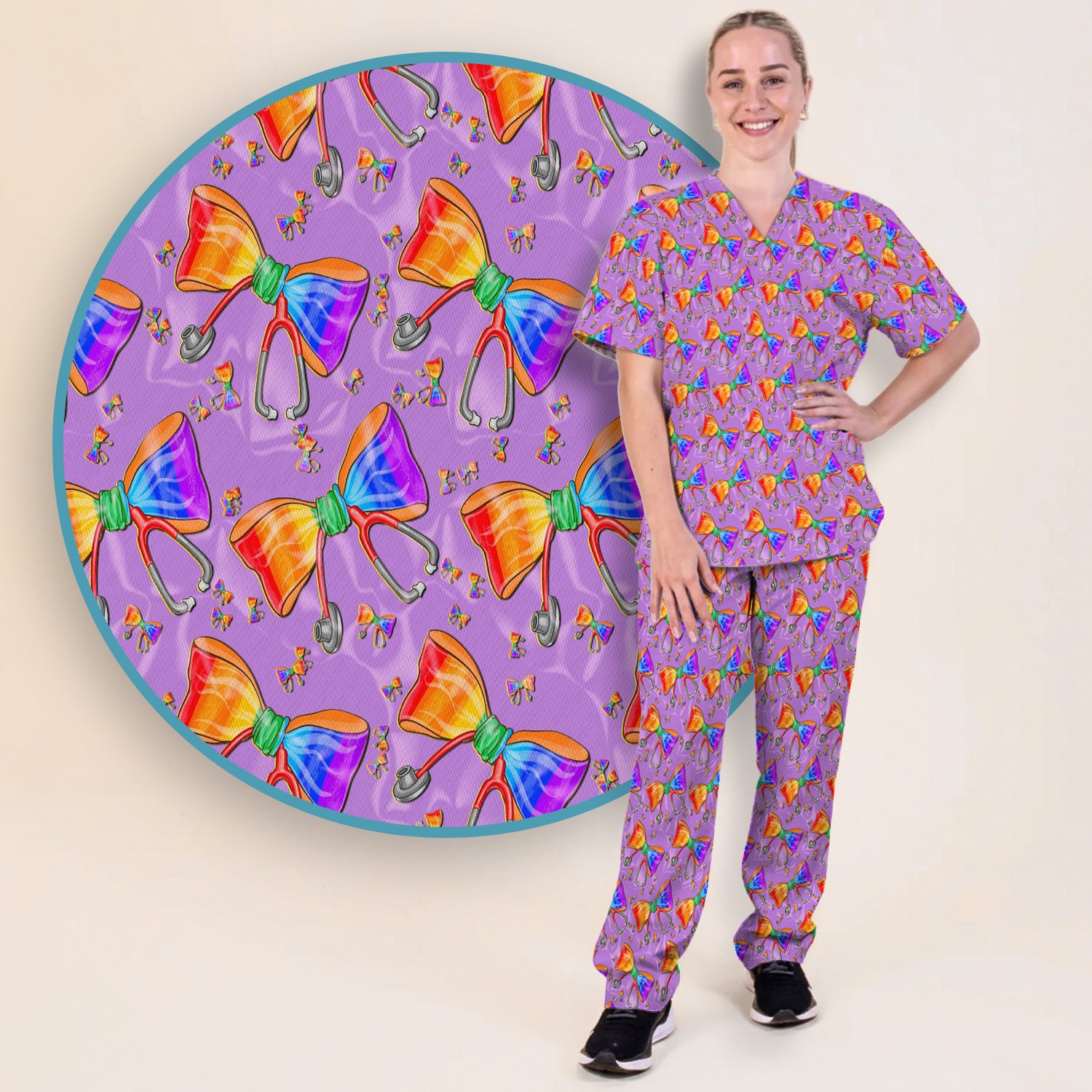 Colorful Rainbow Bow Stethoscope Pattern Scrub Top, Breathable Fabrics Nursing Uniform