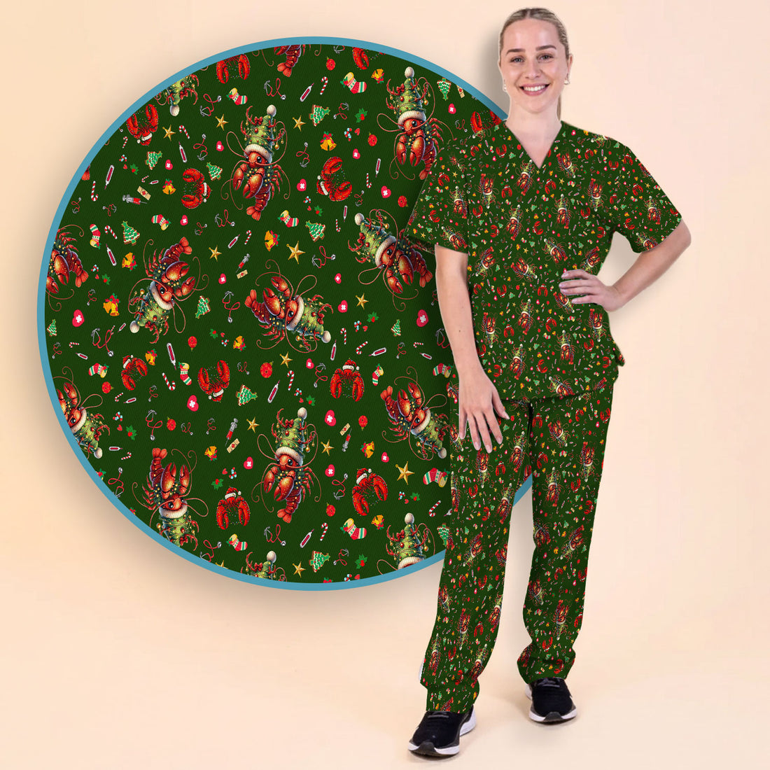 Whimsical Crawfish Christmas Scrub Set – Southern Christmas Cajun Holiday Crawfish Pattern – Cute Medical Uniform for Nurses, Vets And Healthcare Workers