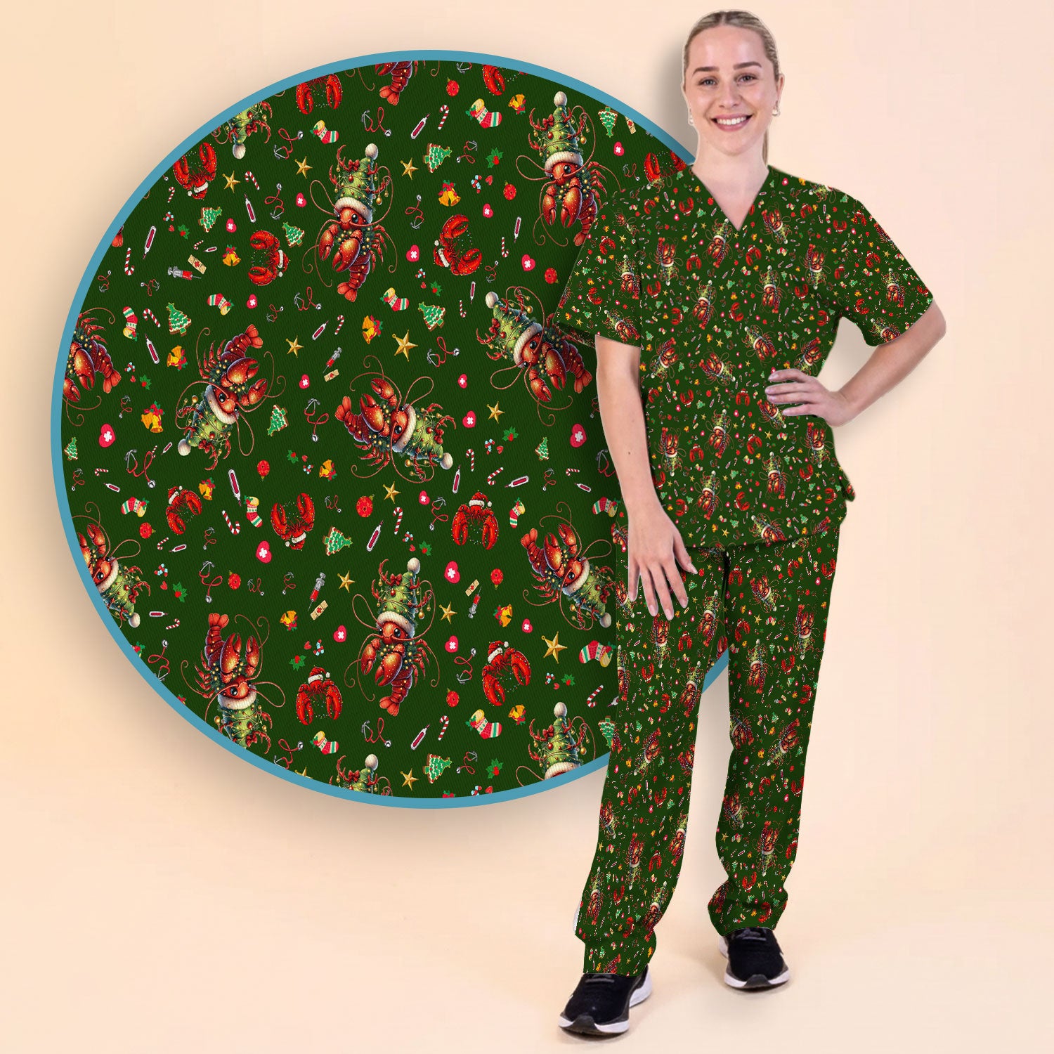 Whimsical Crawfish Christmas Scrub Set – Southern Christmas Cajun Holiday Crawfish Pattern – Cute Medical Uniform for Nurses, Vets And Healthcare Workers