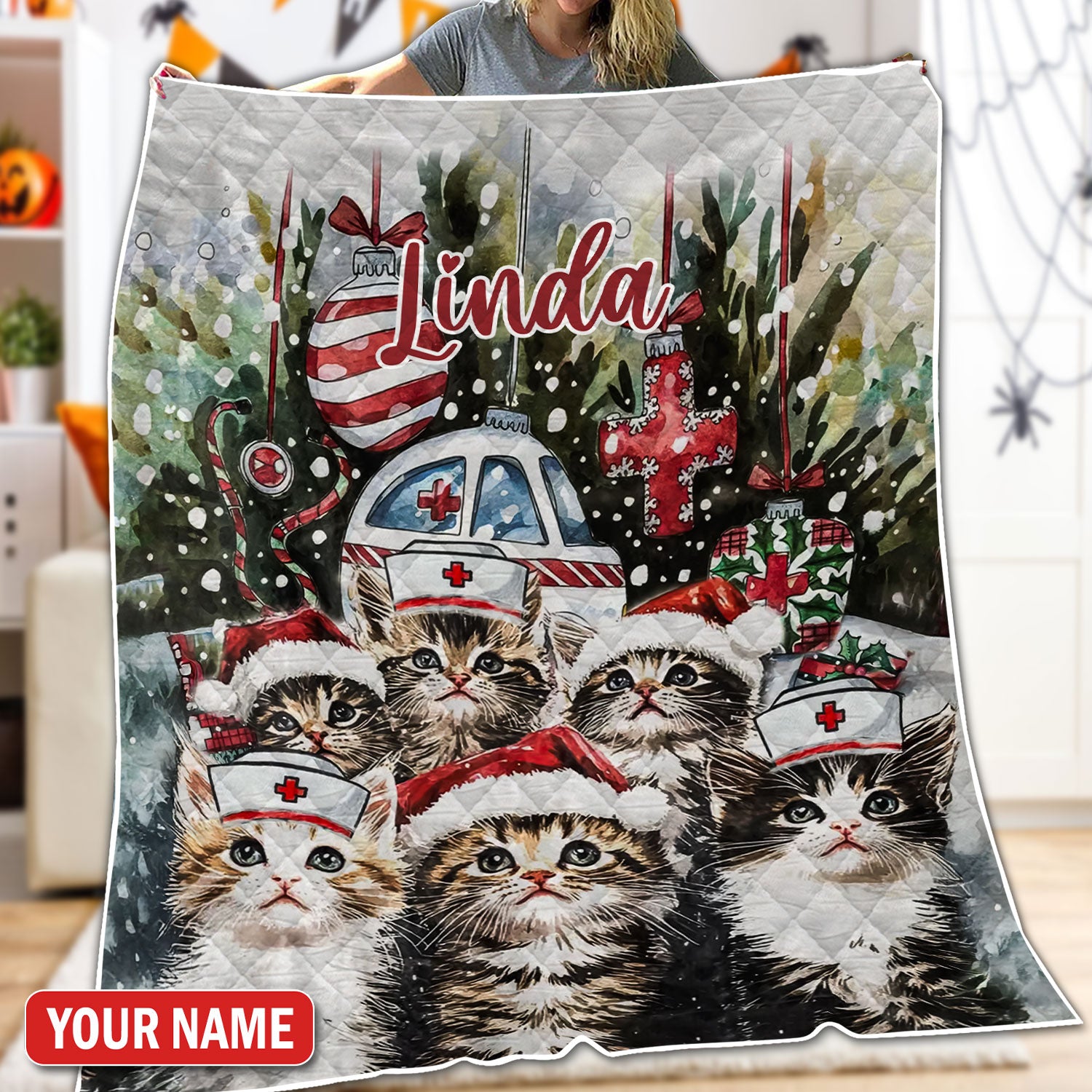 Custom Nurse Cat Blanket, Personalized Christmas Throw Blanket With Name, Cute Kitty Nurse Gift for RNs And Healthcare Workers