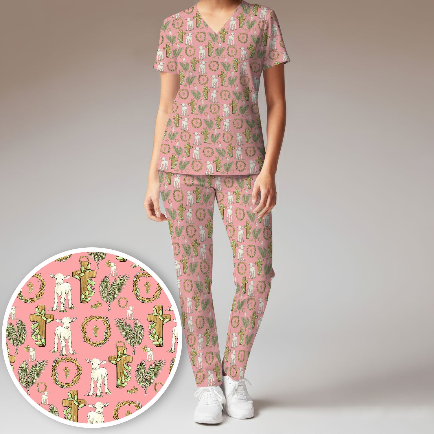 Faith Lamb Cross Pattern Women's Scrub Set, Scrub Pants and V Neck Top