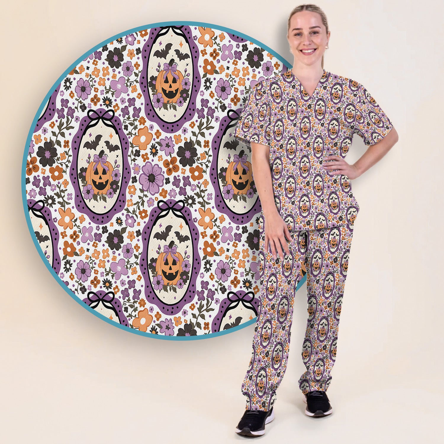 Halloween Pumpkin with Floral Print Scrub Set, Scrub Pants and V Neck Top