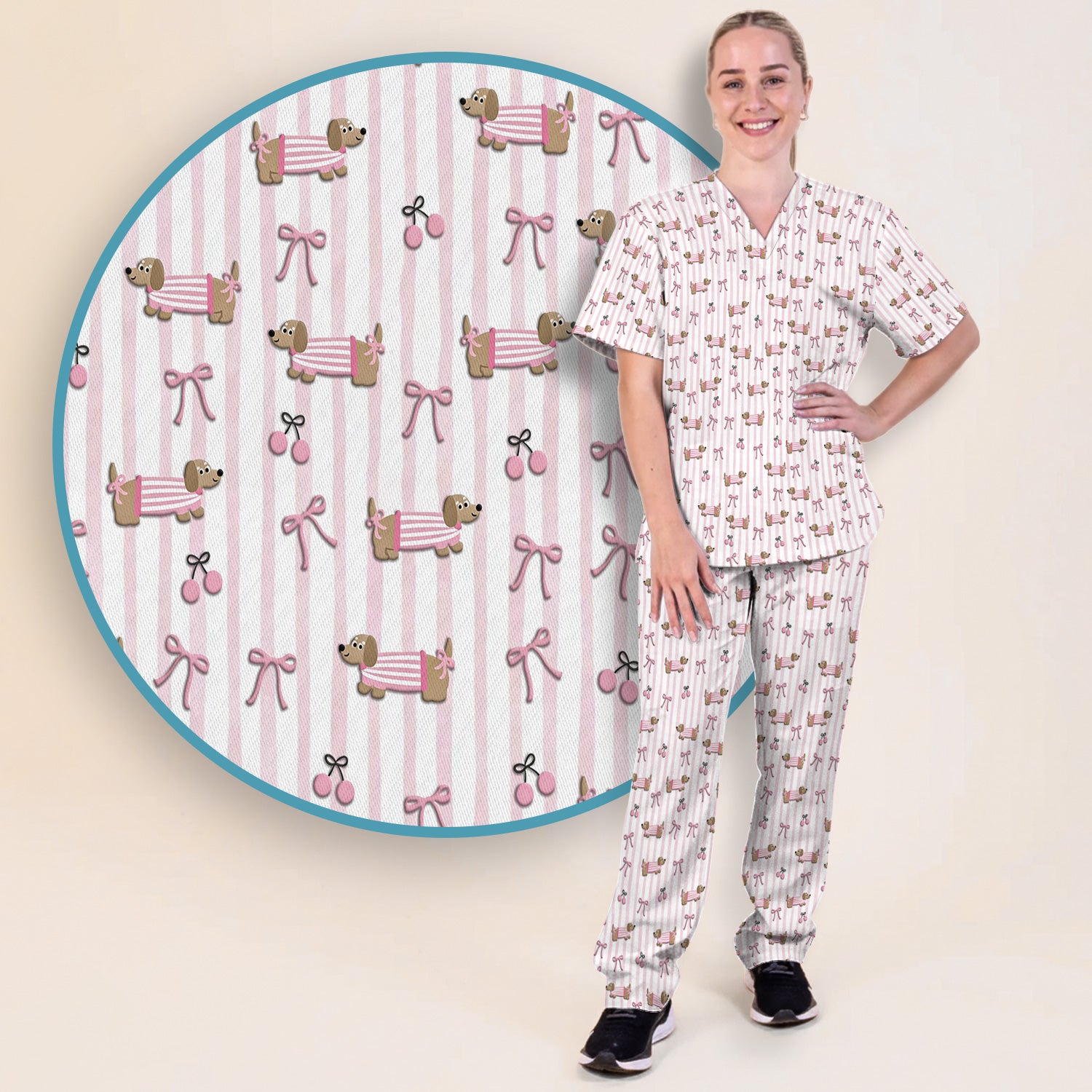 Cute Dachshund Pink Stripe Pattern Scrub Set, Women's Scrub Sets