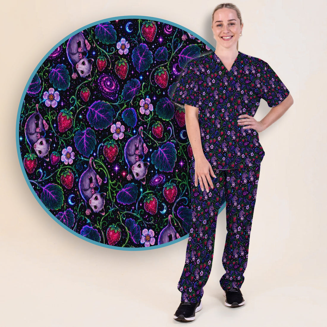 Galaxy Strawberry Opossum Pattern Scrub Set, Scrub Pants and V Neck Top