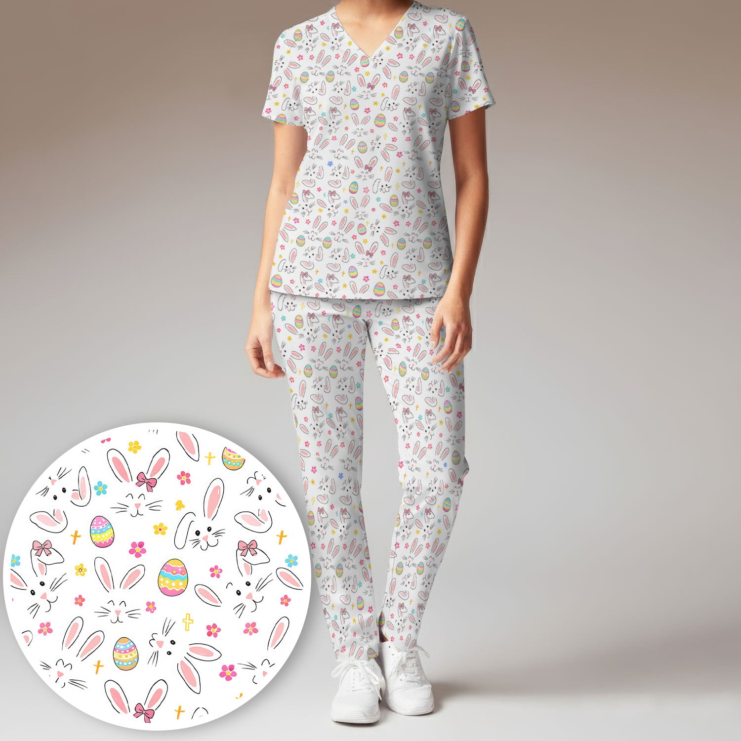 Easter Bunny Faces And Pastel Egg Print Scrub Set, Scrub Pants and V Neck Top