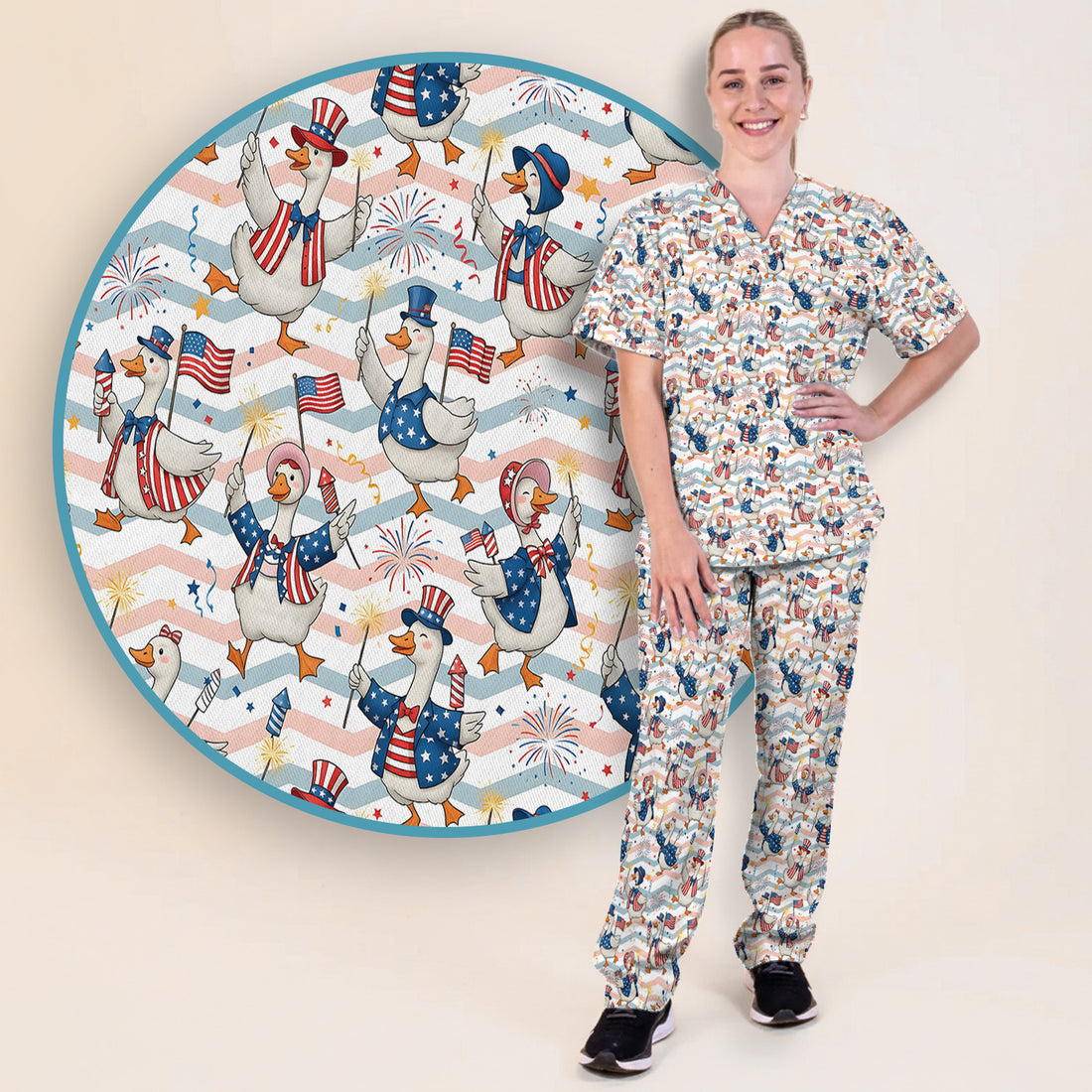 Patriotic Goose Fireworks Parade Pattern Scrub Set, Scrub Pants and V Neck Top