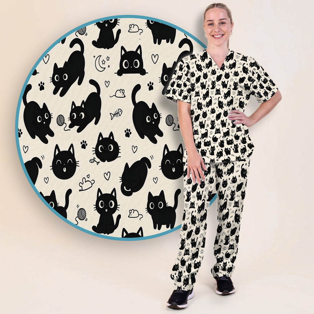 Niedliches, verspieltes Set aus Kasacks mit schwarzem Katzenmuster, bestehend aus Schlupfhose und V-Ausschnitt-Oberteil